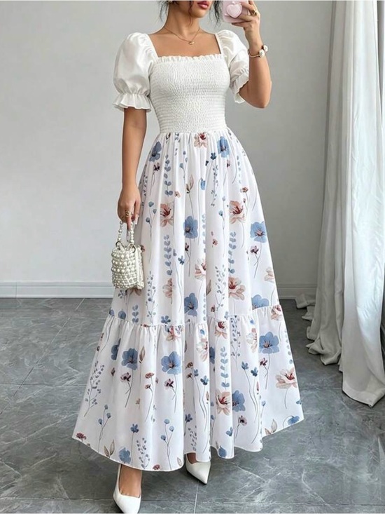Dresses & Skirts - White Puff Sleeve Smocked Maxi Dress with Blue & Blush Floral Print